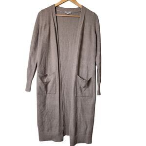 LOFT Open Front Light Brown Ribbed Duster Cardigan with Pockets